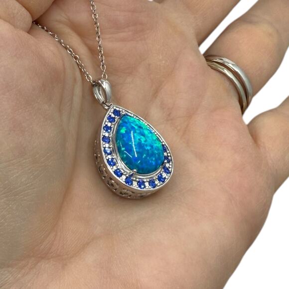 Created Opal & Blue Sapphire Pendant Necklace 925 Sterling Silver 18 inch - Picture 5 of 7
